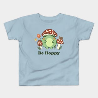 Cute Be Hoppy Retro Mushroom Frog | Green Text Kids T-Shirt
